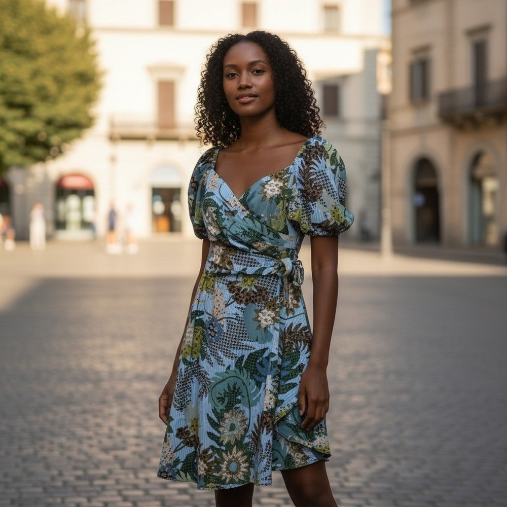 SACHIN & BABI Floral Print Dress Puff Sleeve Tie Waist Midi Length